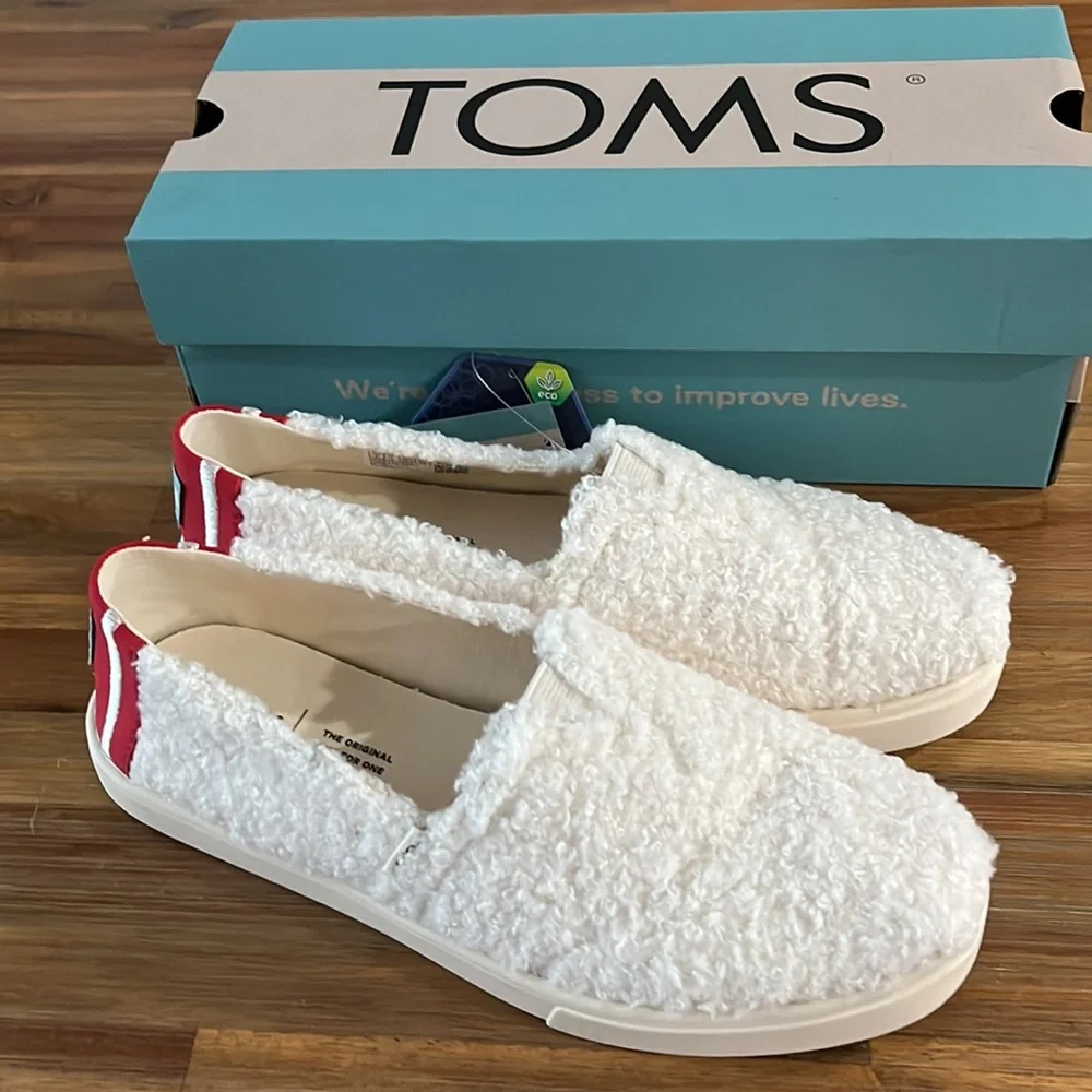 Toms Alpargata Cupsole Natural Faux Shearling Slip On Red White Size 6